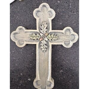 Wall Hanging Cross Leaves and Acorns Whitewash over green resin